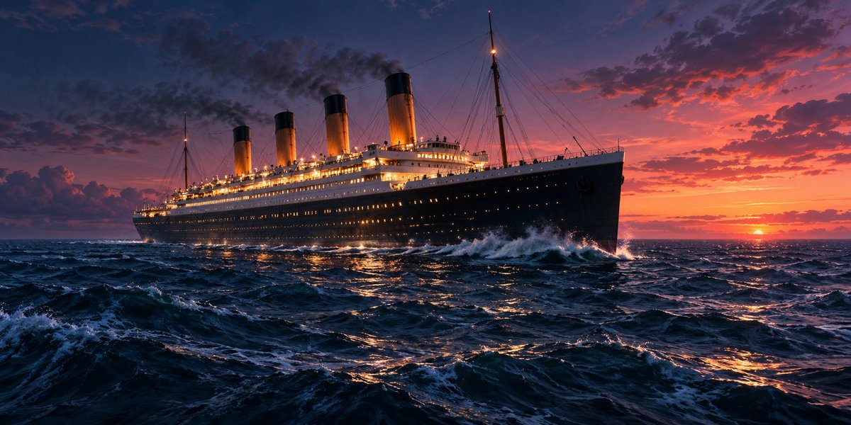 An early twentieth-century ocean liner at twilight · AI-generated thematic illustration · Topnilo
