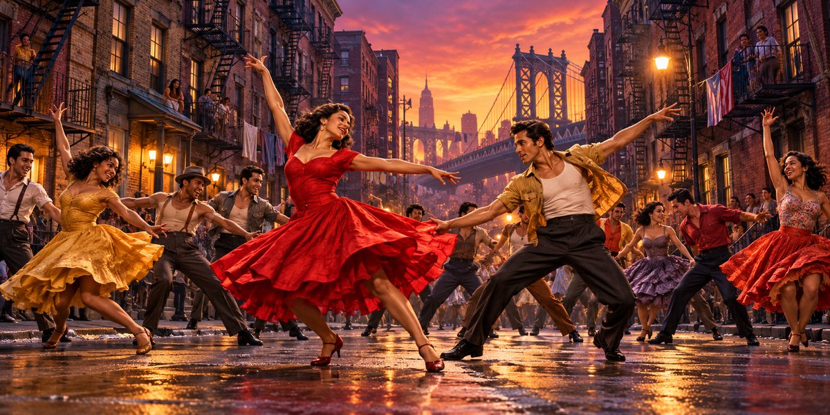 Dancers on a mid-century New York street · AI-generated thematic illustration · Topnilo