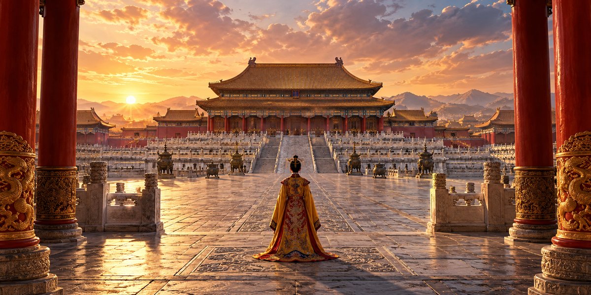 An imperial figure in a palace courtyard · AI-generated thematic illustration · Topnilo